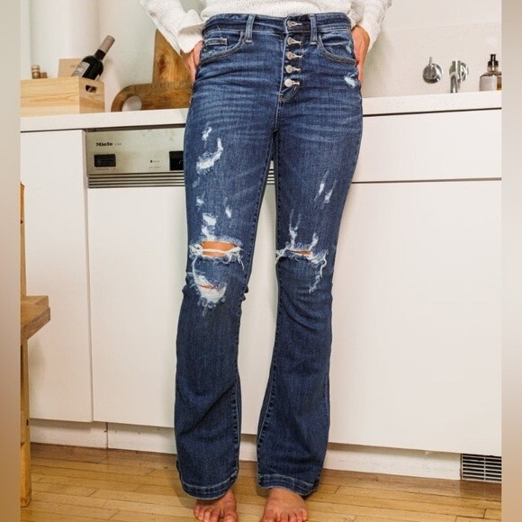 NWT Judy Blue Jeans Judith Button Fly Dark Wash Trouser Flare Size 26 | 2/3 NEW - Picture 9 of 14